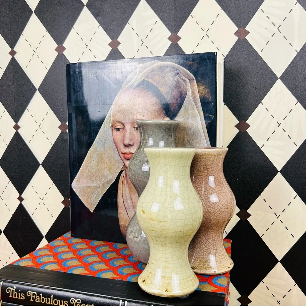 Studio Pottery Trio Bud Vases Crackle Glaze Sculptural| Vintage Luxury Set of 3 - Picture 8 of 16